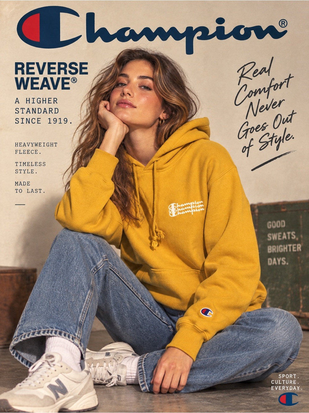 Champion Reverse Weave Mustard Gold Hoodie Stacked Logo Sweatshirt Small